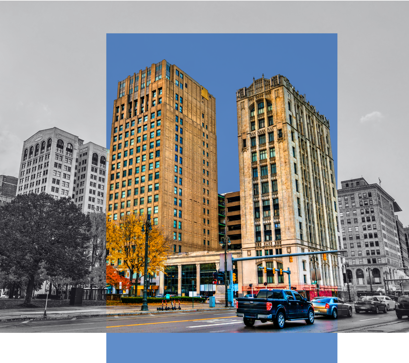 A stylized architectural photograph of a Detroit street scene.