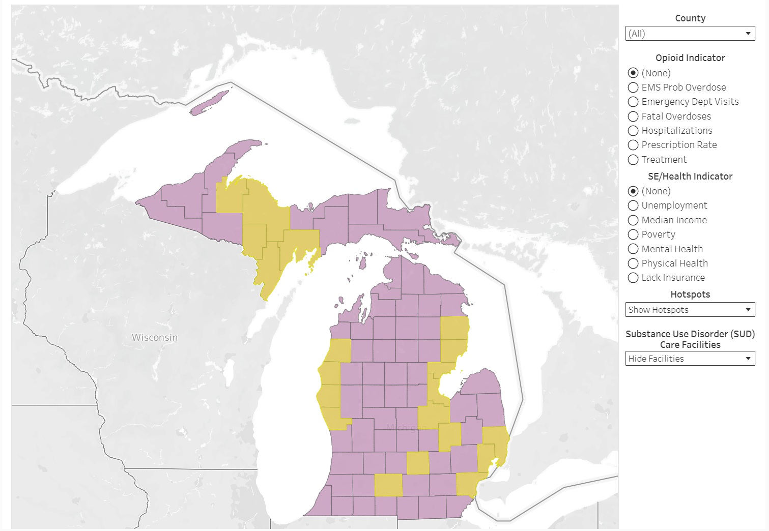 Michigan Opioid use map showing county hotspots.