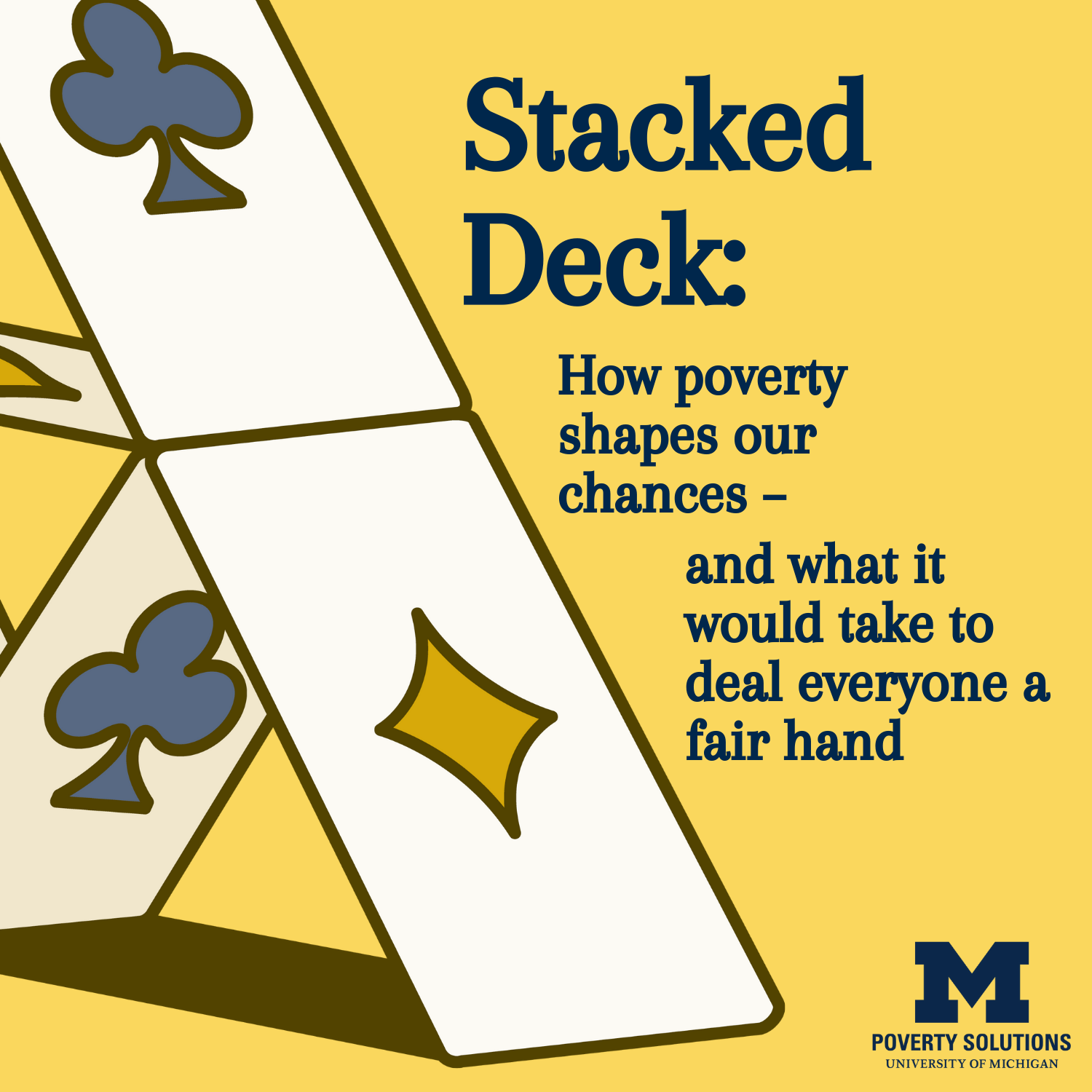 Graphic titled 'Stacked Deck' on a yellow background with the University of Michigan Poverty Solutions logo. Text reads: 'How poverty shapes our chances – and what it would take to deal everyone a fair hand'.