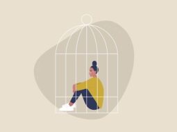 Illustration of a woman sitting in a birdcage