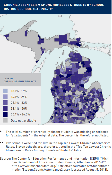 Chronic Absenteeism Among Homeless Students by School District, School Year 2016–17. Choropleth map of Michigan school districts showing chronic absenteeism rates among homeless students, with darker shades indicating higher absenteeism rates and g...