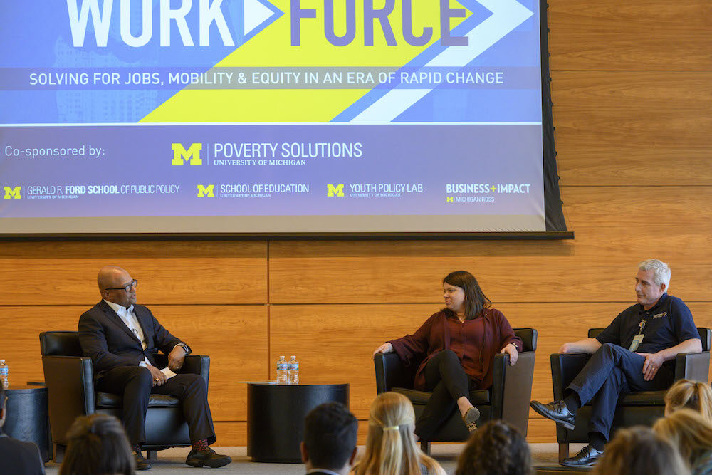 Broderick Johnson (left), senior of counsel at Covington and Burling LLP, former Obama administration cabinet secretary, and chair of the My Brother’s Keeper Task Force; interviews Julie Gehrki, vice president of philanthropy at Walmart; and Greg F...