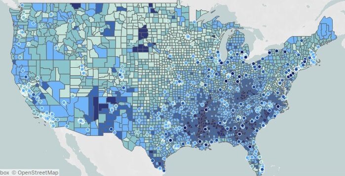 Map of the U.S. showing the most disadvantage communities by color coding counties