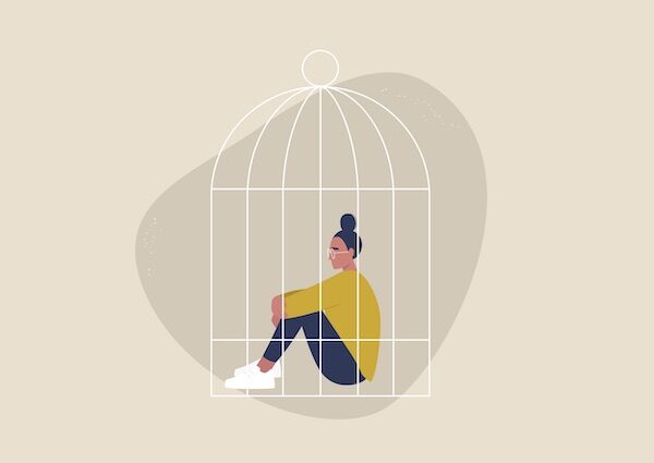 Illustration of a woman sitting in a birdcage
