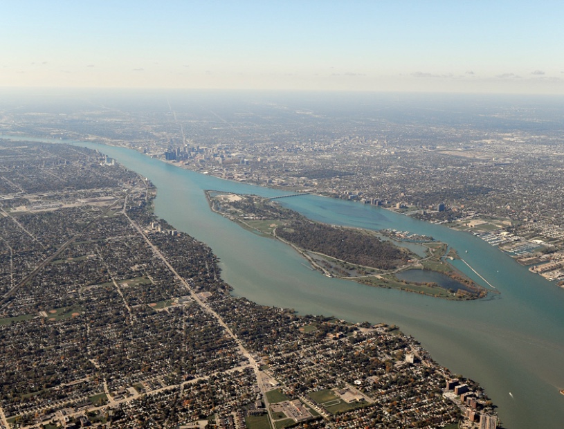 Aerial view of Detroit, the Detroit River, and Belle Isle