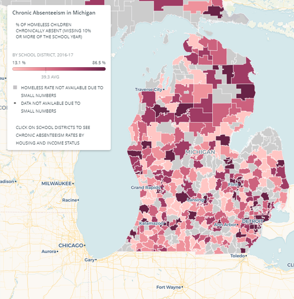 Chronic Absenteeism in Michigan. Map of Michigan showing the percentage of homeless children who were chronically absent during the 2016–17 school year by school district.