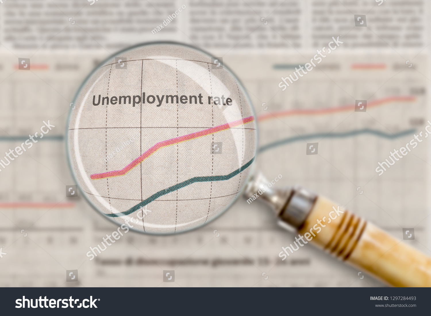 Magnifying glass highlighting an unemployment rate chart.