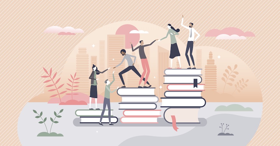 People standing on stacks of books help one another climb upward, symbolizing education, learning, mentorship, and collaboration
