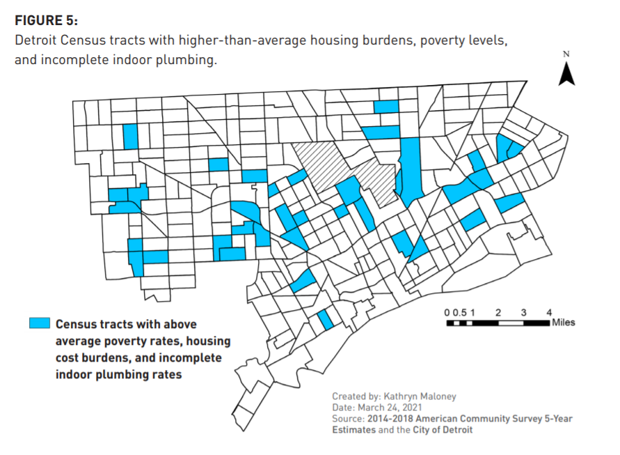 Figure 5. Detroit Census tracts with higher-than-average housing burdens, poverty levels, and incomplete indoor plumbing. Map of Detroit census tracts highlighting areas with above-average poverty rates, housing cost burdens, and incomplete indoor pl...