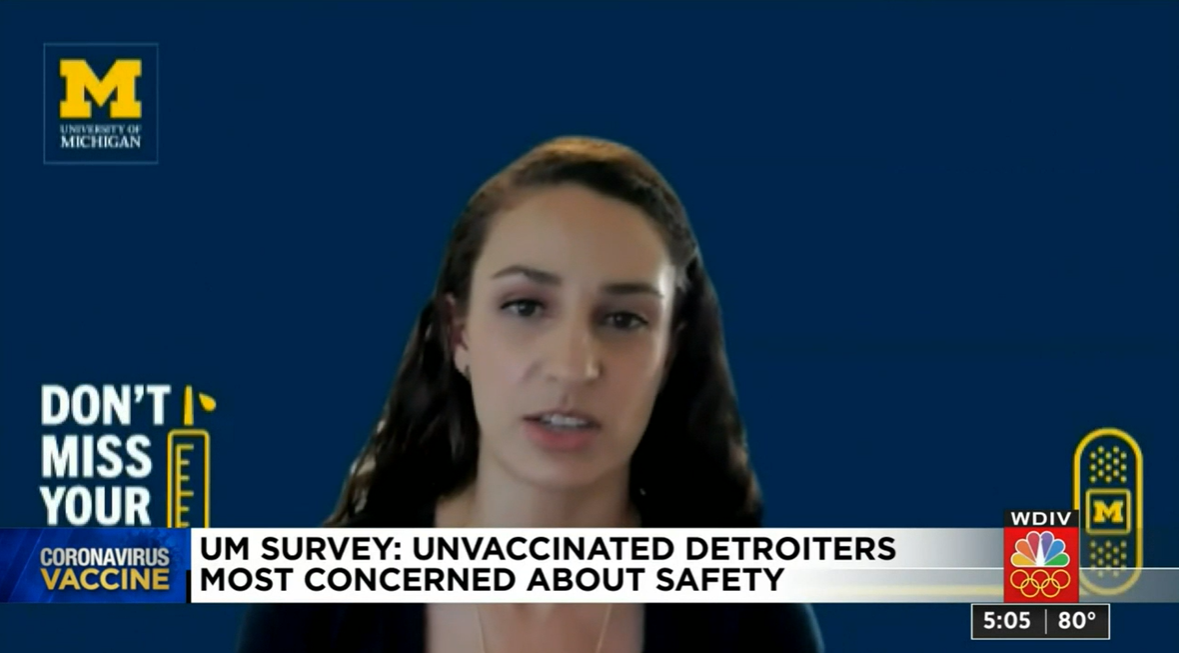 Lydia Wileden, a doctoral candidate who does data analysis for U-M's Detroit Metro Area Communities Study, discusses the latest survey findings on WDIV 4 on July 22, 2021.