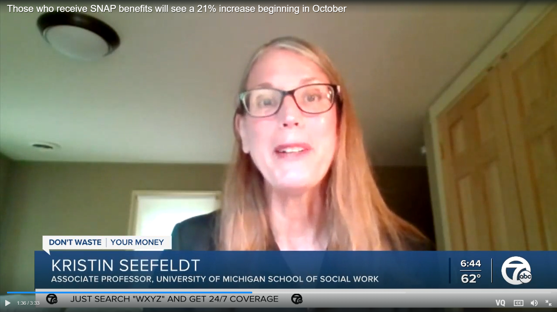 Those who receive SNAP benefits will see a 21% increase beginning in October: Kristin Seefeldt, Associate Professor at the University of Michigan School of Social Work, appears in a television news interview
