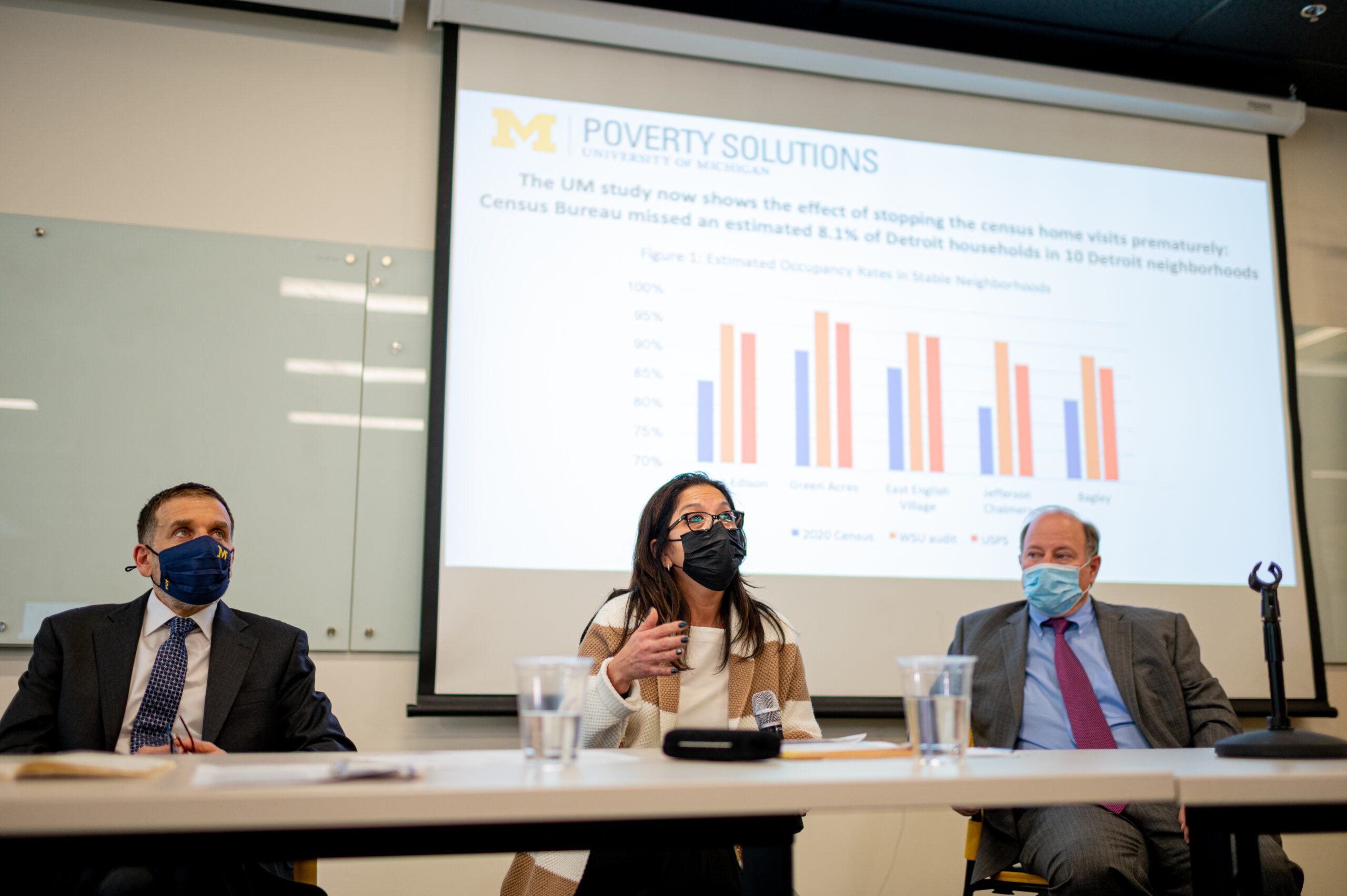 3 panelists in Poverty Solutions census press conference at the Detroit Center.