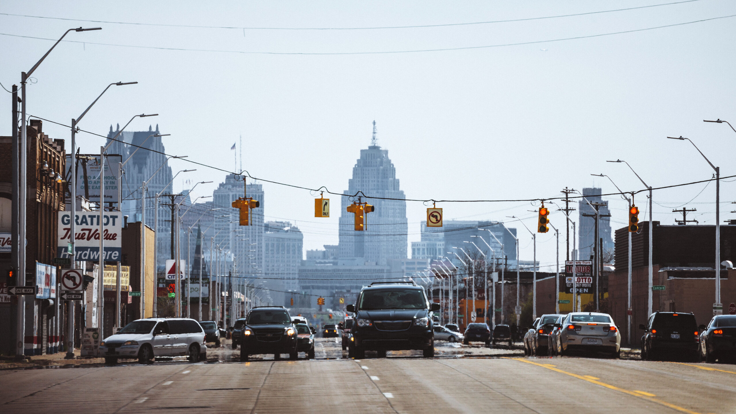 Traffic at Streets of Detroit, Gratiot Avenue.