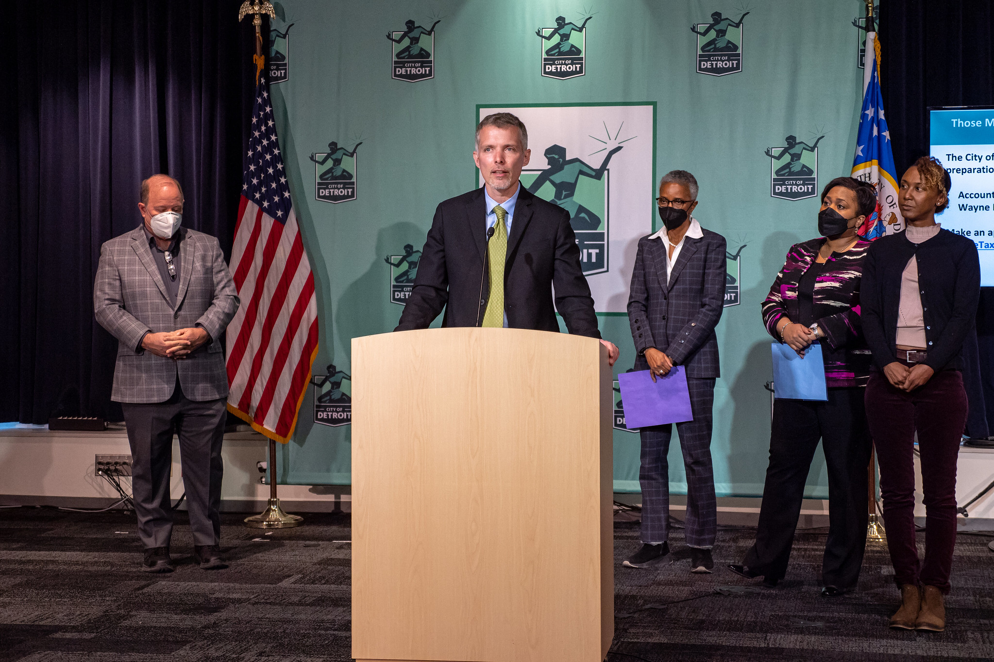 U-M Poverty Solutions Director Luke Shaefer speaks at a City of Detroit press conference on the Child Tax Credit on Jan. 31, 2022. (Courtesy of the City of Detroit)