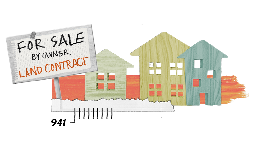 Illustration of three homes beside a "For Sale by Owner – Land Contract" sign