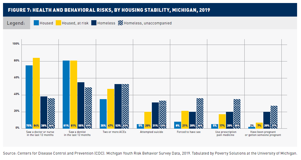 Figure 7. Health and Behavioral Risks, by Housing Stability, Michigan, 2019. Grouped bar chart comparing health and behavioral risks among housed, housed at risk, homeless, and unaccompanied homeless youth. Measures include doctor or nurse visits, de...