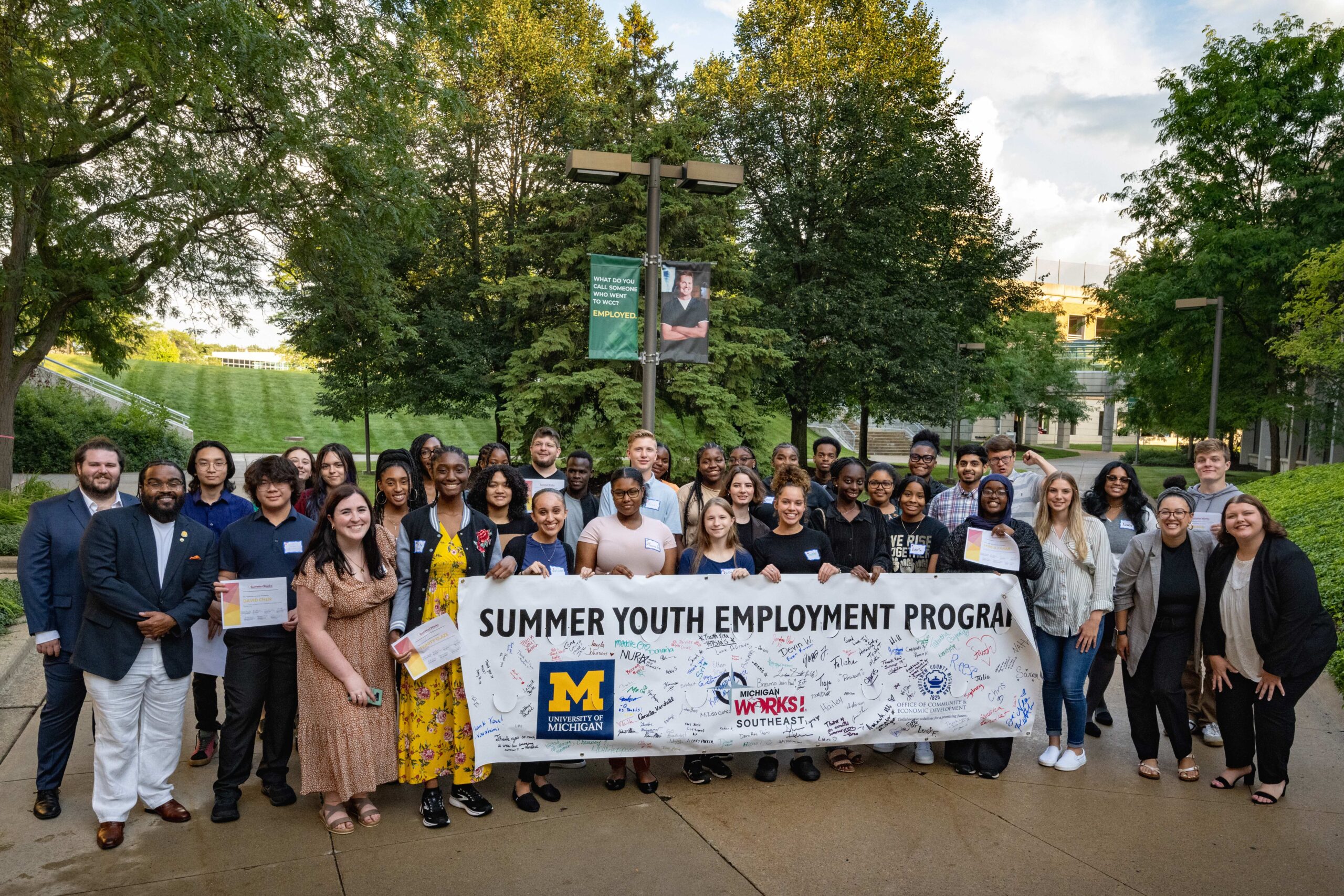 SummerWorks participants gather at an end-of-summer celebration on Aug. 17, 2023, at Washtenaw Community College.