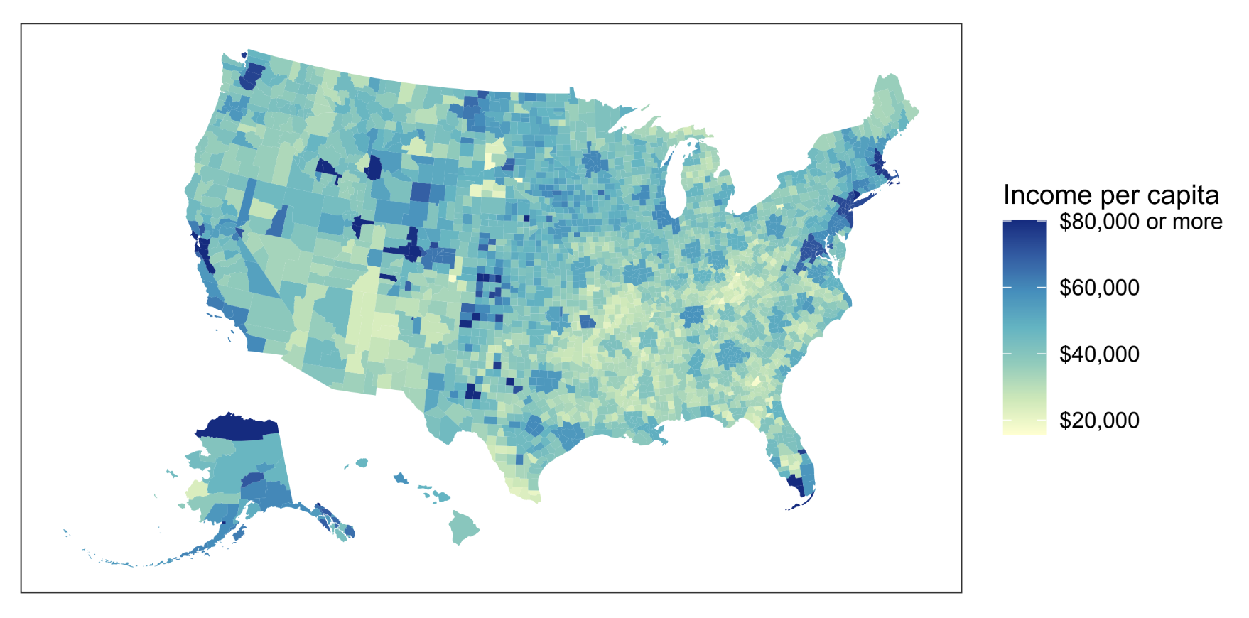 Map of personal income per capita in US Core-Based Statistical Areas, 2019. Per capita incomes were highest in metropolitan areas on the East and West Coasts and in tourism and natural resource centers in the interior West