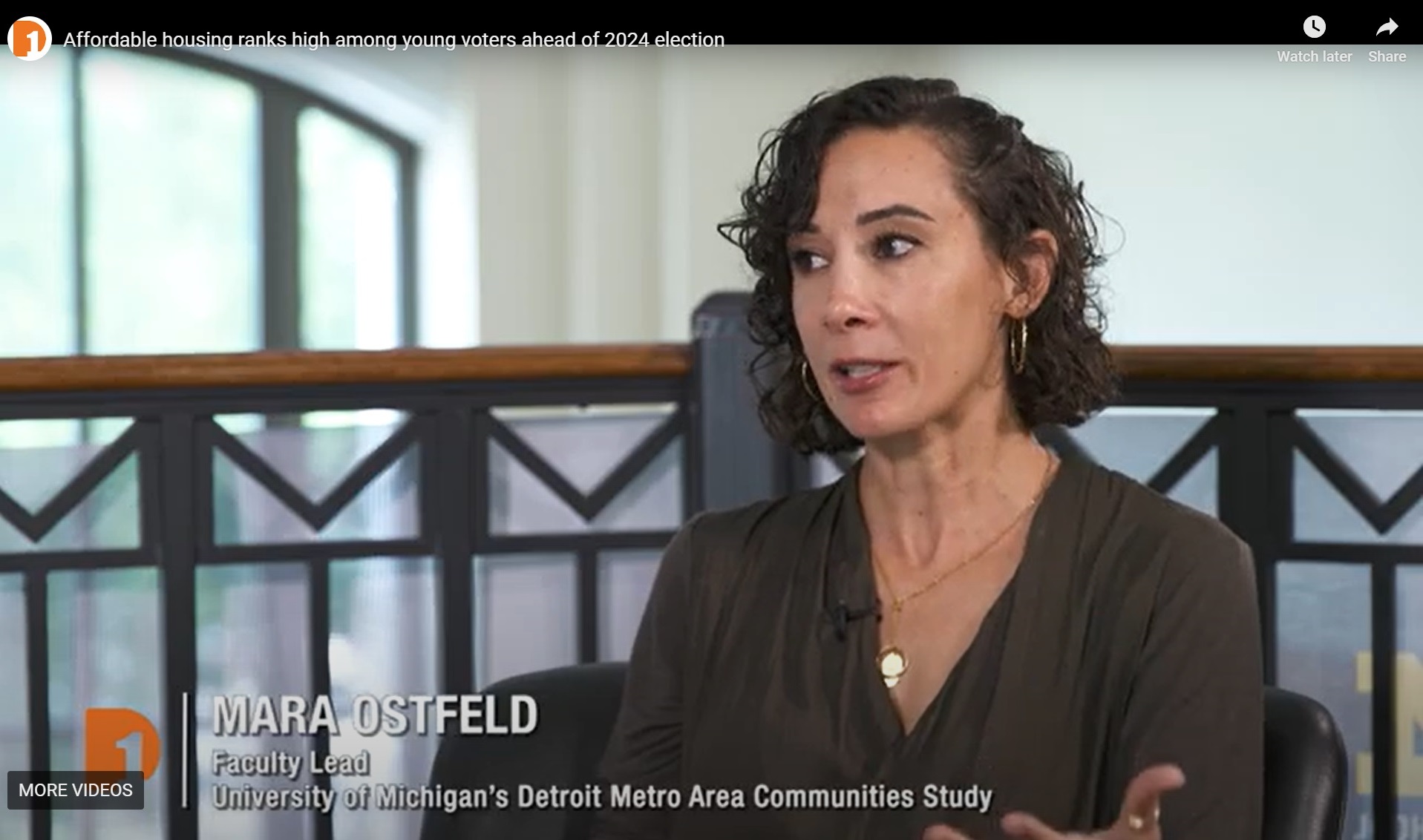 Mara Ostfeld speaking on PBS One Detroit as faculty lead of the Detroit Metro Area Communities Study.