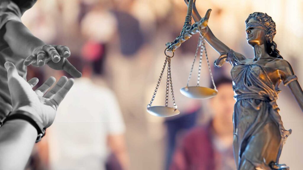 Graphic representing “Racial and Gender Bias in U.S. Crime Victim Compensation Programs,” featuring a symbolic statue and people joining hands.