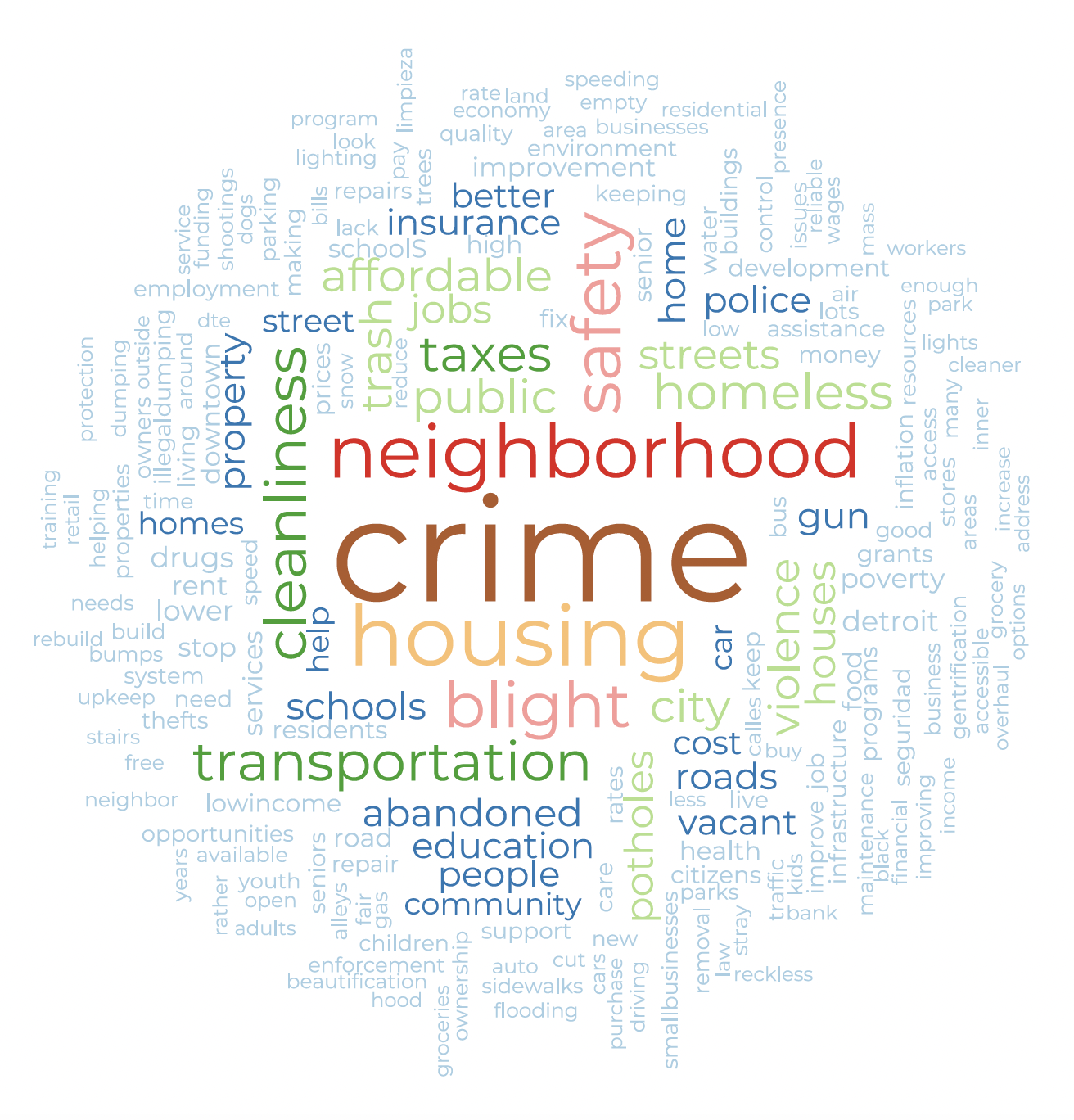 Word cloud showing DMACS priorities for city officials, with the largest terms including “crime,” “housing,” “neighborhood,” “safety,” “cleanliness,” “transportation,” and “blight.”