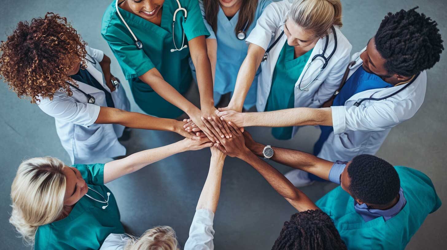 Concept illustration of a group of healthcare professionals from different backgrounds coming together in unity, forming hands around each other's shoulders to symbolize support and collaboration within the medical field. Image credit: Nicole Smith, ...