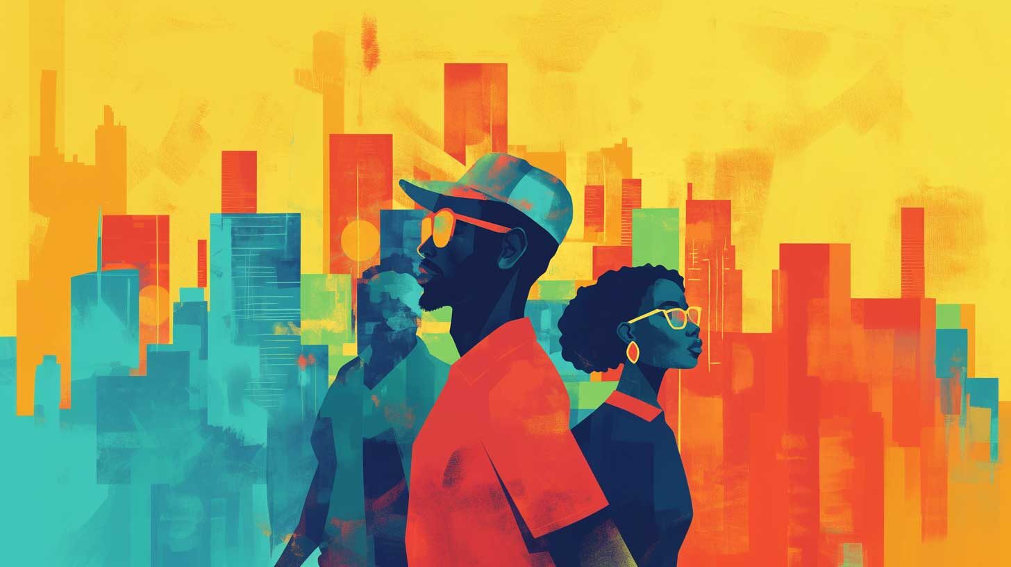 Concept illustration featuring Black Americans against an urban skyline.