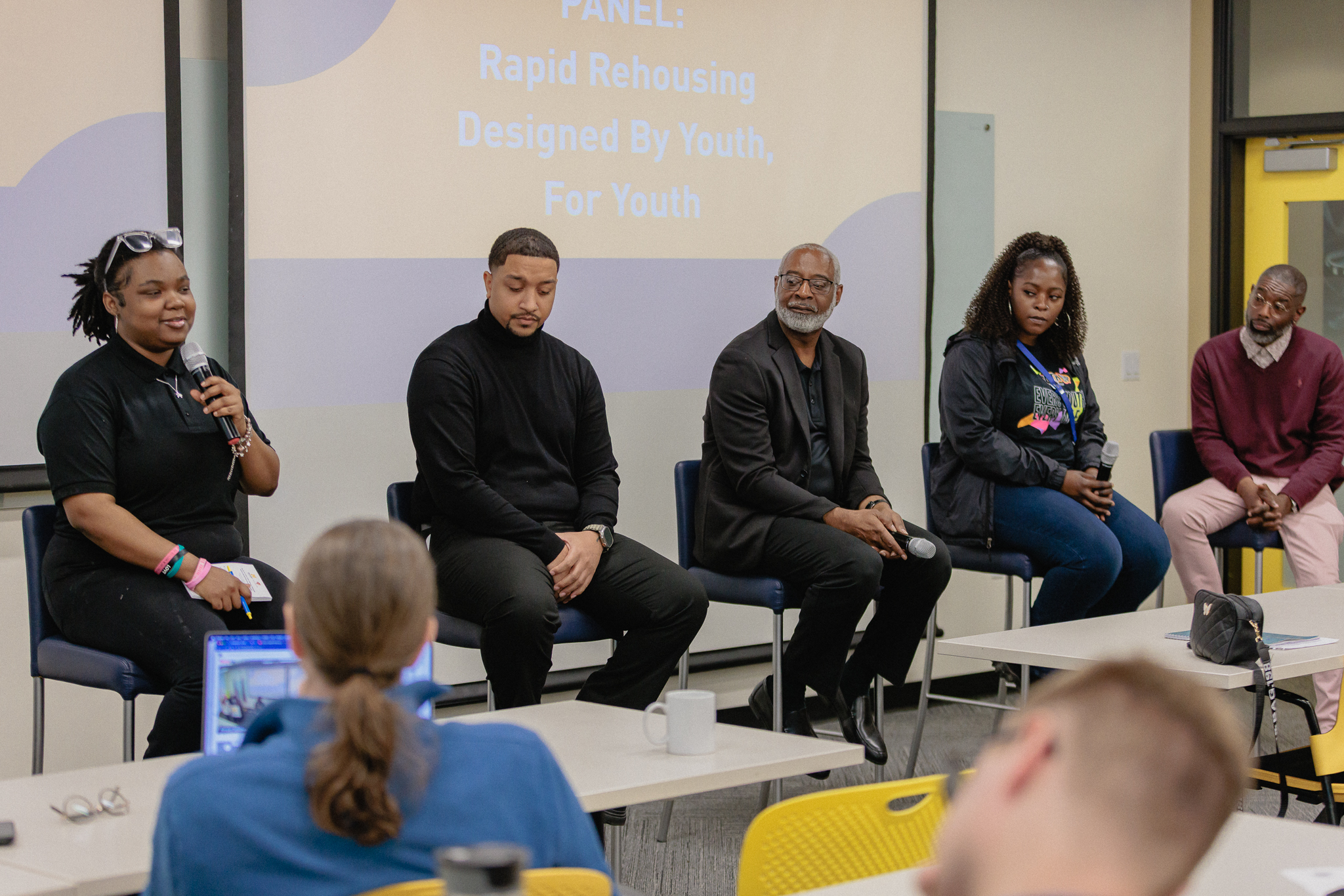 Graphic of Panelists, from left to right: Azaria Terell, Alan Jackson, Alex Simpson, Kharmesha Frost, and Robert Cooper.