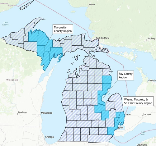 Map of Michigan highlighting three hotspot clusters: the Bay County region, the Marquette County region, and the Wayne, Macomb, and St. Clair County region.