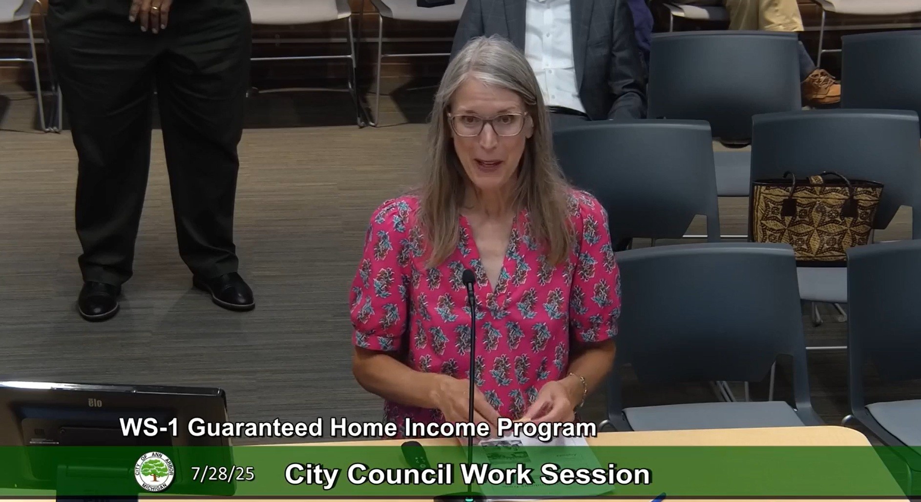 Kristin Seefeldt speaks at an Ann Arbor city council meeting WS-1 Guaranteed Home Income Program, July 28, 2025.