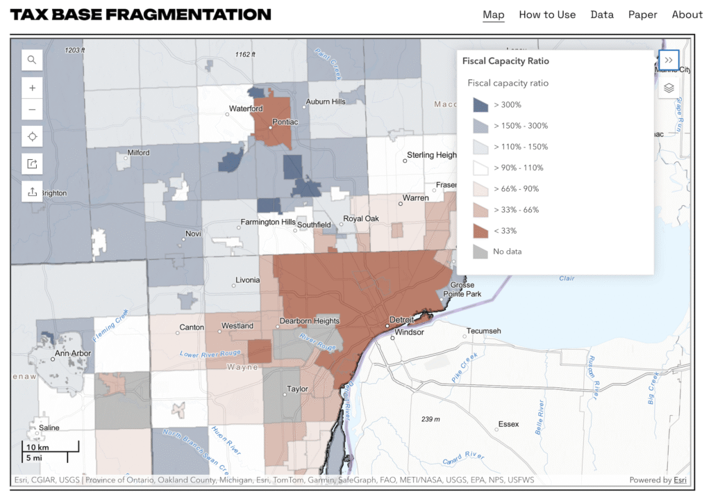 A map of tax base fragmentation that shows fiscal capacity ratio