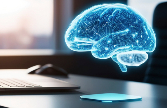Illustration: a glowing, tech-like brain floating by a computer to signify AI